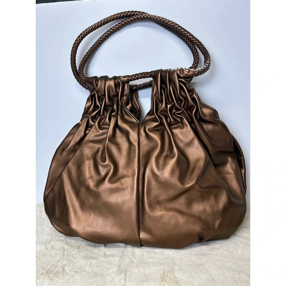JM Metallic Bronze Slouchy Hobo Bag Braided Handle Pleated Tote